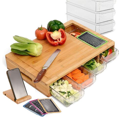 Large Bamboo Cutting Board and 4 Containers with Mobile Holder gift included for Home Kitchen - Main Image
