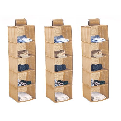 3 Pack 5-Tier Shelf Hanging Closet Organizer and Storage for Clothes (Beige) - Main Image