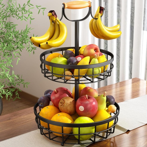 2-Tier Fruit Basket Bowl Storage with Wood Lift Handle and Dual Banana Tree Hanger for Kitchen Countertop - Main Image