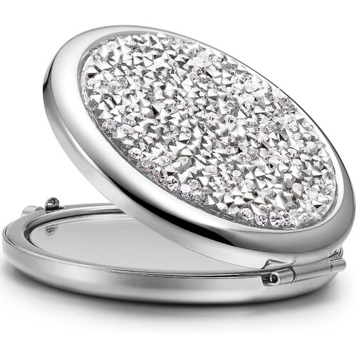 Mini Mix Diamond 1X/2X Magnifying Round Metal Pocket Makeup Mirror (Silver) - Main Image