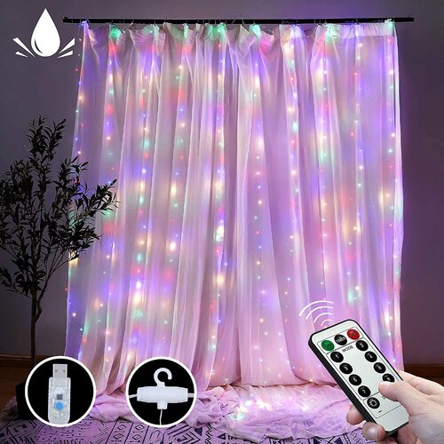 300 LEDs Window Curtain Fairy Lights 8 Modes and Remote Control for Bedroom (Multicolor, 300 x 300cm) - Main Image