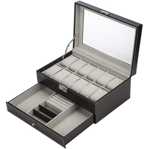 Black Leather Watch Box Jewelry Display Case with Drawers (12 Slots with 2 Layers) - Main Image