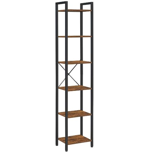 Small 6-Tier Industrial Bookshelf, Rustic Brown, Black - Main Image