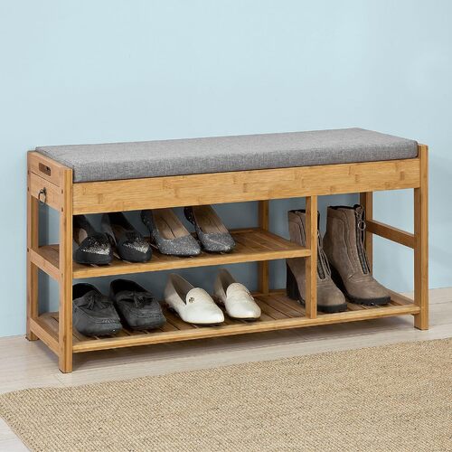 Bamboo Shoe Bench Drawers Lift Top - Main Image