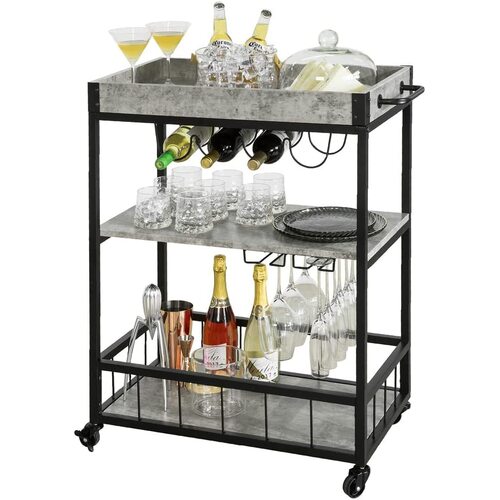 Industrial Vintage Style Wood Metal 3 Tiers Kitchen Serving Trolley with Wine Rack (Grey) - Main Image