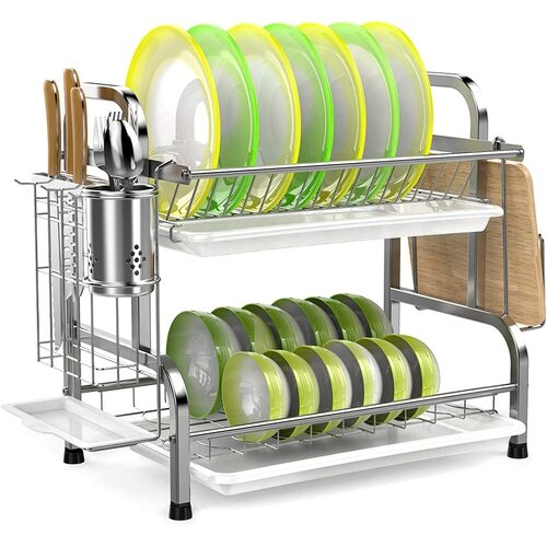 Stainless Steel 2-Tier Dish Drying Rack with Utensil Holder, Cutting Board Holder and Dish Drainer for Kitchen Counter (Silver) - Main Image