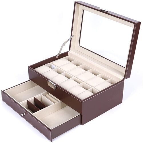 12 Slot PU Leather Lockable Watch and Jewelry Storage Boxes (Brown) - Main Image