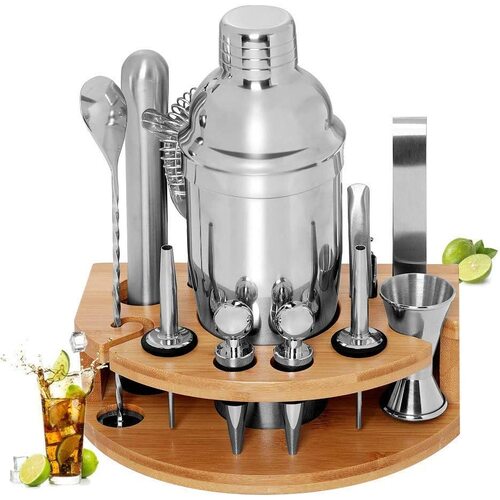 Cocktail Shaker Set Bartender Kit with Bamboo frame and 12 Pieces Stainless Steel Bar Tool Set - Main Image