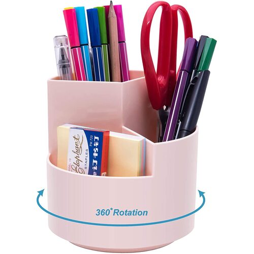 360 degree rotating multi-functional pen holder with 3 separate layer for office desk organiser (Pink) - Main Image