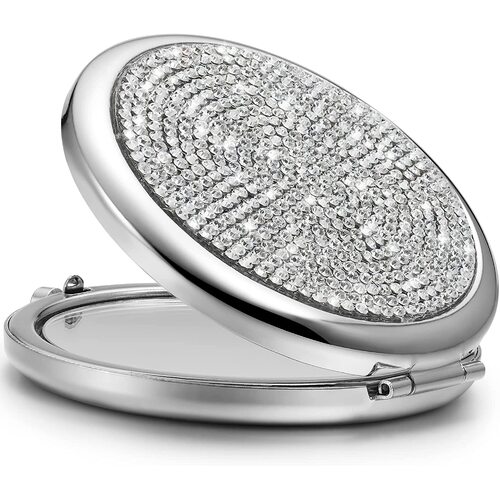 Mini Small Diamond 1X/2X Magnifying Round Metal Pocket Makeup Mirror (Silver) - Main Image