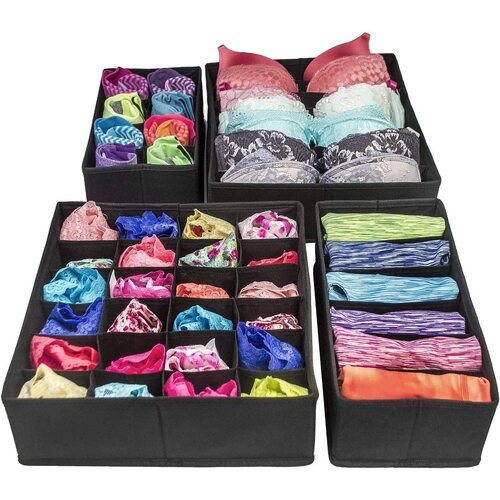 4 Pack Foldable Drawer Dividers Storage Boxes (Black) - Main Image
