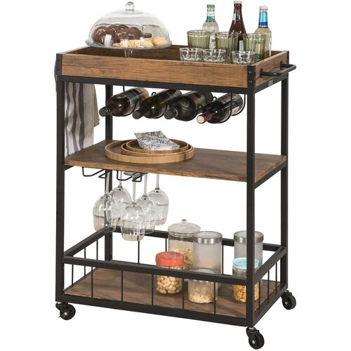 Industrial Vintage Style Wood Metal 3 Tiers Kitchen Serving Trolley with Wine Rack (Brown) - Main Image