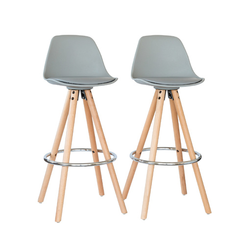 2 PU Leather Padded Barstools (Light Grey/Wood) with Metal Footrest - Main Image