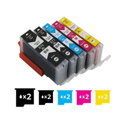 Compatible Premium 10 Pack PGI-670XL, CLI-671XL High Yield Inkjet Combo [2BK,2PBK,2C,2M,2Y] - for use in Canon Printers - Main Image
