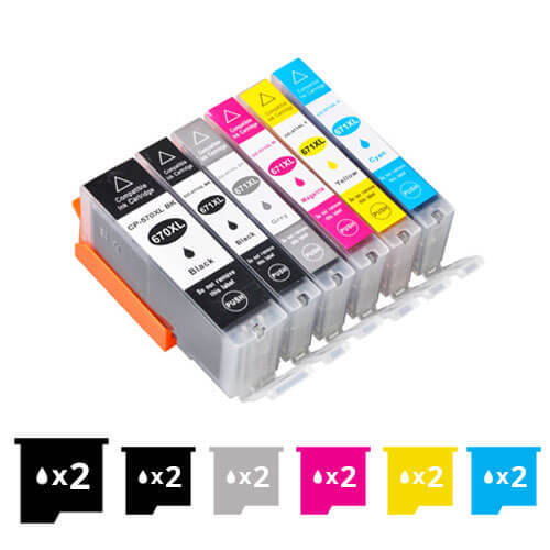 Compatible Premium 12 Pack PGI-670XL, CLI-671XL High Yield Inkjet Combo [2BK,2PBK,2C,2M,2Y,2GY] - for use in Canon Printers - Main Image