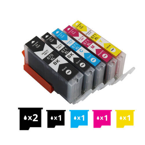 Compatible Premium 6 Pack PGI-670XL, CLI-671XL Inkjet Combo [2BK,1PBK,1C,1M,1Y] - for use in Canon Printers - Main Image
