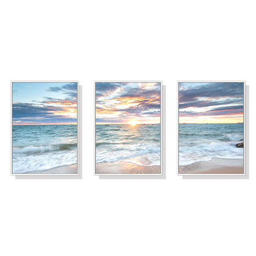 Wall Art 60cmx90cm Sunrise by the ocean 3 Sets White Frame Canvas - Main Image