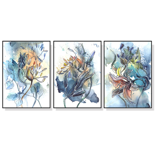 Wall Art 50cmx70cm Watercolor Style Abstract Flower 3 Sets Black Frame Canvas - Main Image