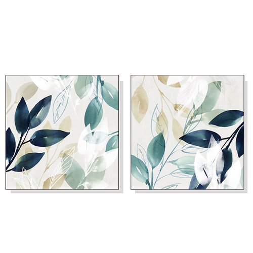 Wall Art 60cmx60cm Watercolour style leaves 2 Sets White Frame Canvas - Main Image