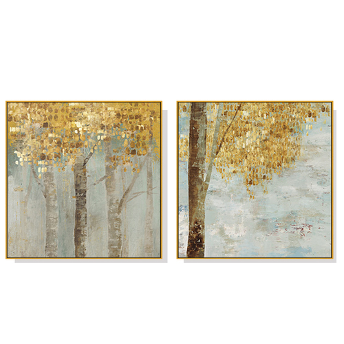Wall Art 70cmx70cm Golden Leaves 2 Sets Gold Frame Canvas - Main Image