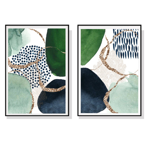 Wall Art 100cmx150cm Abstract Green and Navy 2 Sets Black Frame Canvas - Main Image