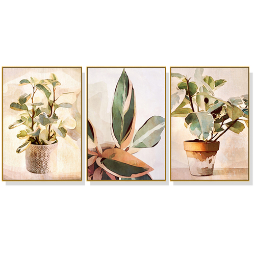 Wall Art 80cmx120cm Botanical Leaves Watercolor Style 3 Sets Gold Frame Canvas - Main Image