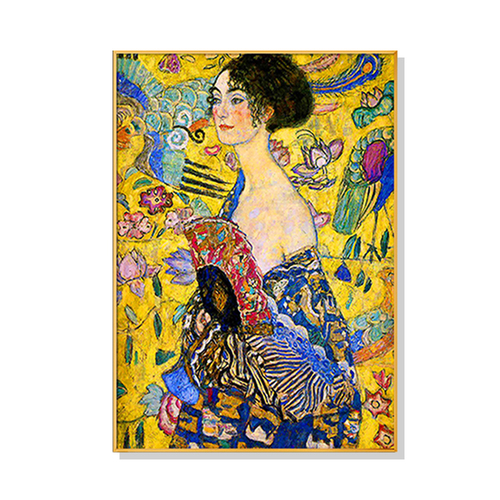 Wall Art 70cmx100cm Lady With A fan By Klimt Gold Frame Canvas - Main Image