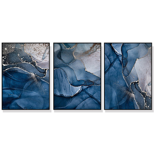 Wall Art 80cmx120cm Blue Gold Marble 3 Sets Black Frame Canvas - Main Image