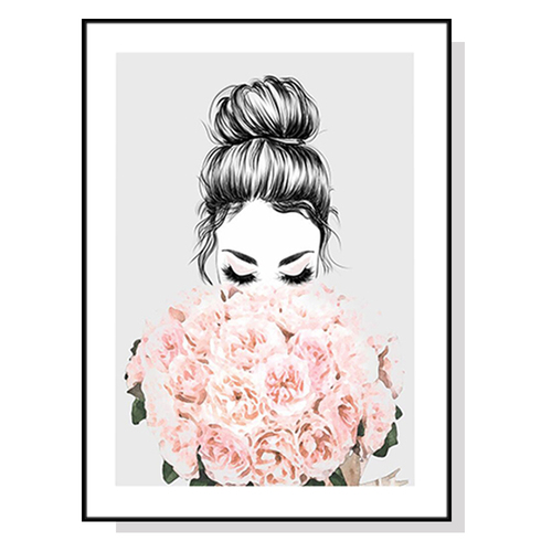 Wall Art 90cmx135cm Roses Girl Black Frame Canvas - Main Image