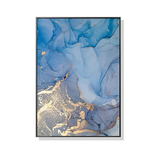 Wall Art 70cmx100cm Light Blue Marble With Gold Splash Black Frame Canvas - Main Image