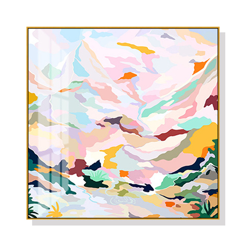 Wall Art 100cmx100cm Abstract Pink Mountain Hand Painted Style Gold Frame Canvas - Main Image