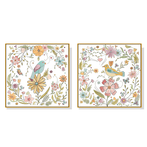 Wall Art 40cmx40cm Floral birds 2 Sets Gold Frame Canvas - Main Image