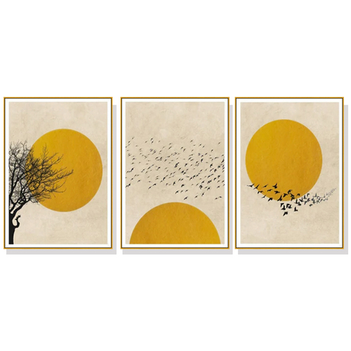 Wall Art 100cmx150cm Flock Of Birds Sun Silhouette 3 Sets Gold Frame Canvas - Main Image