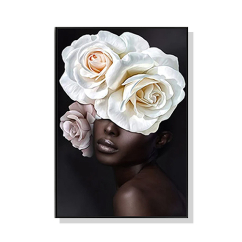 Wall Art 90cmx135cm Flower African Woman Black Frame Canvas - Main Image