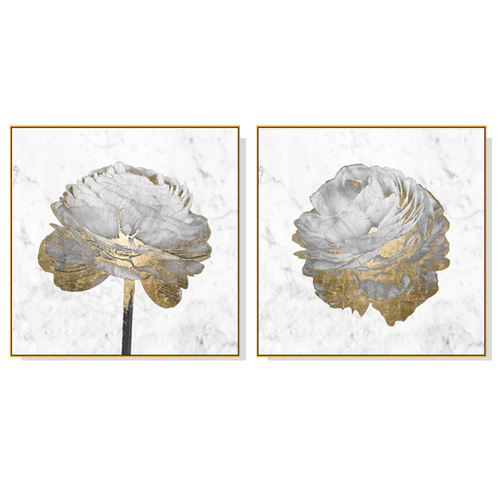 Wall Art 90cmx90cm Gold And White Blossom On White 2 Sets Gold Frame Canvas - Main Image