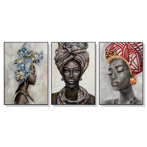 Wall Art 70cmx100cm African women II 3 Sets Black Frame Canvas - Main Image