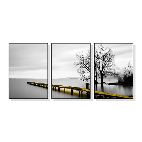 Wall Art 100cmx150cm Calm Lake Bridge Tree Scene 3 Sets Black Frame Canvas - Main Image