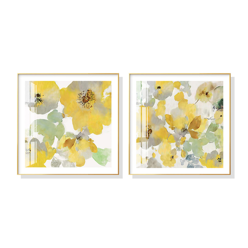 Wall Art 100cmx100cm Yellow Flowers American Style 2 Sets Gold Frame Canvas - Main Image