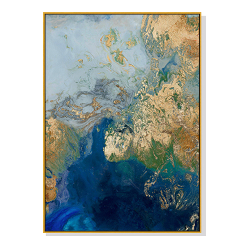 Wall Art 90cmx135cm Marbled Blue Gold Artwork Gold Frame Canvas - Main Image
