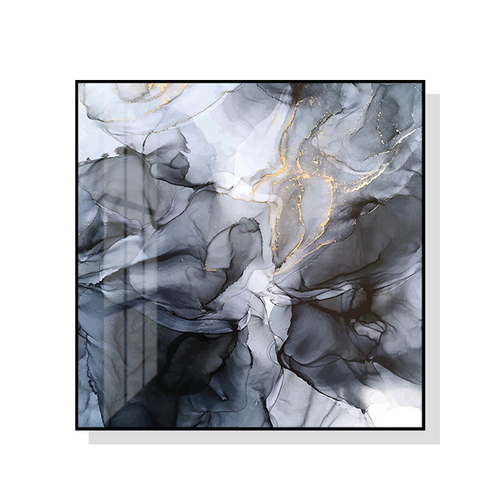 Wall Art 90cmx90cm Marbled Black Grey Black Frame Canvas - Main Image