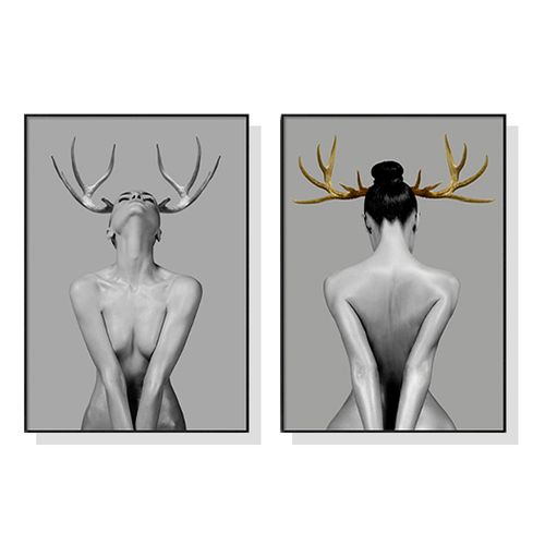 Wall Art 100cmx150cm Girl With Gold Horn 2 Sets Black Frame Canvas - Main Image