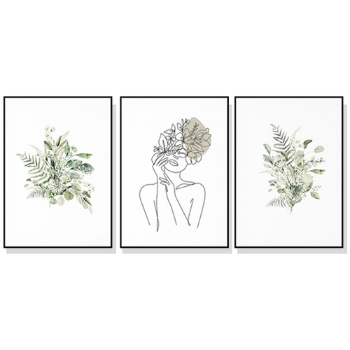 Wall Art 40cmx60cm Botanical Line Girl 3 Sets Black Frame Canvas - Main Image