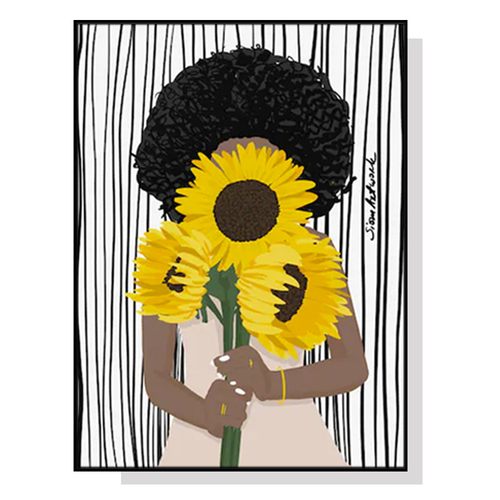 Wall Art 60cmx90cm African Woman Sunflower Black Frame Canvas - Main Image