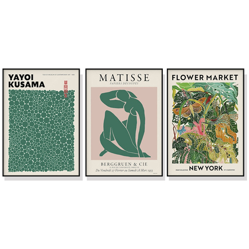 Wall Art 50cmx70cm Flower Market, Matisse Print, Yayoi Kusama 3 Sets Black Frame Canvas - Main Image