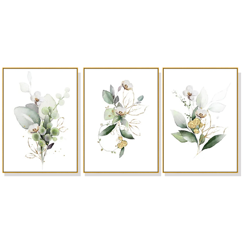 Wall Art 60cmx90cm Green and Gold Watercolor Botanical 3 Sets Gold Frame Canvas - Main Image