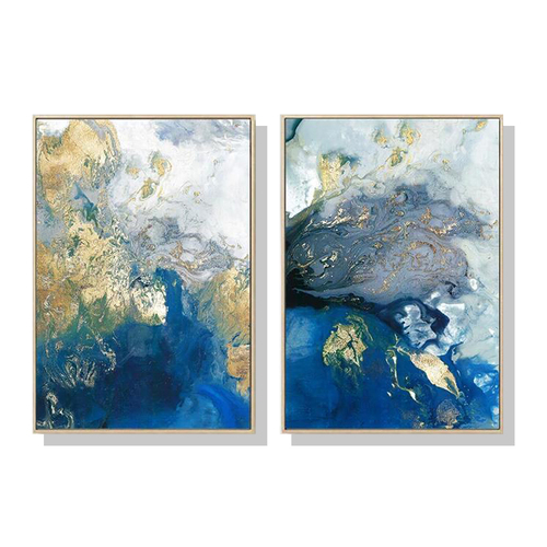 Wall Art 60cmx90cm Marbled Blue And Gold 2 Sets Gold Frame Canvas - Main Image