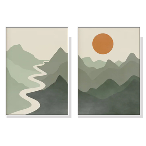 Wall Art 60cmx90cm Sage Green River Mountain 2 Sets White Frame Canvas - Main Image