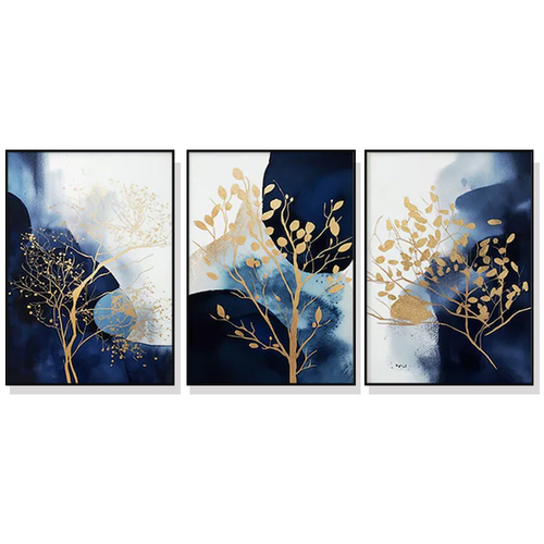 Wall Art 80cmx120cm Navy and Gold Watercolor Shapes 3 Sets Black Frame Canvas - Main Image