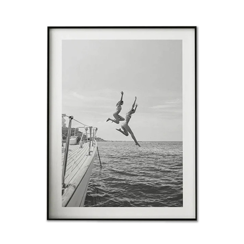 Wall Art 80cmx120cm Black and White Ocean Jump, Black Frame Canvas - Main Image