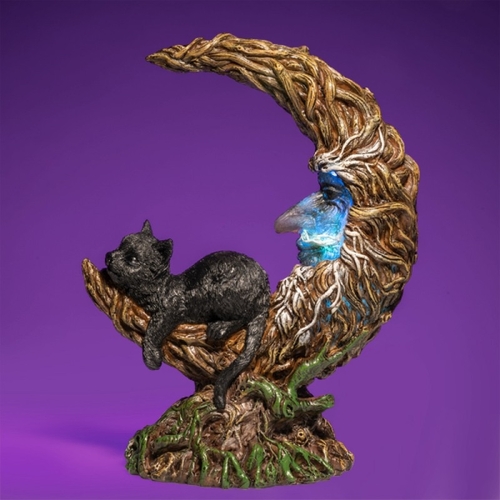Black Cat Crescent Moon Tree LED Light - Main Image